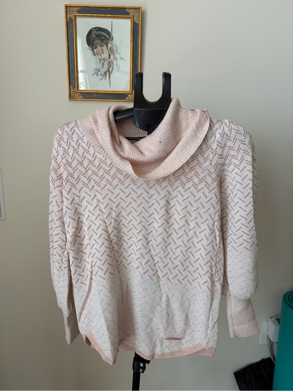 Adrienne Vittadini Rose Gold Metallic Cowl Neck Sweater Balloon Sleeve Womens S
